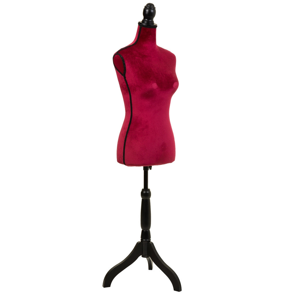 Manichino legno e gommapiuma, tessuto rosso, 24x37,5x168h cm