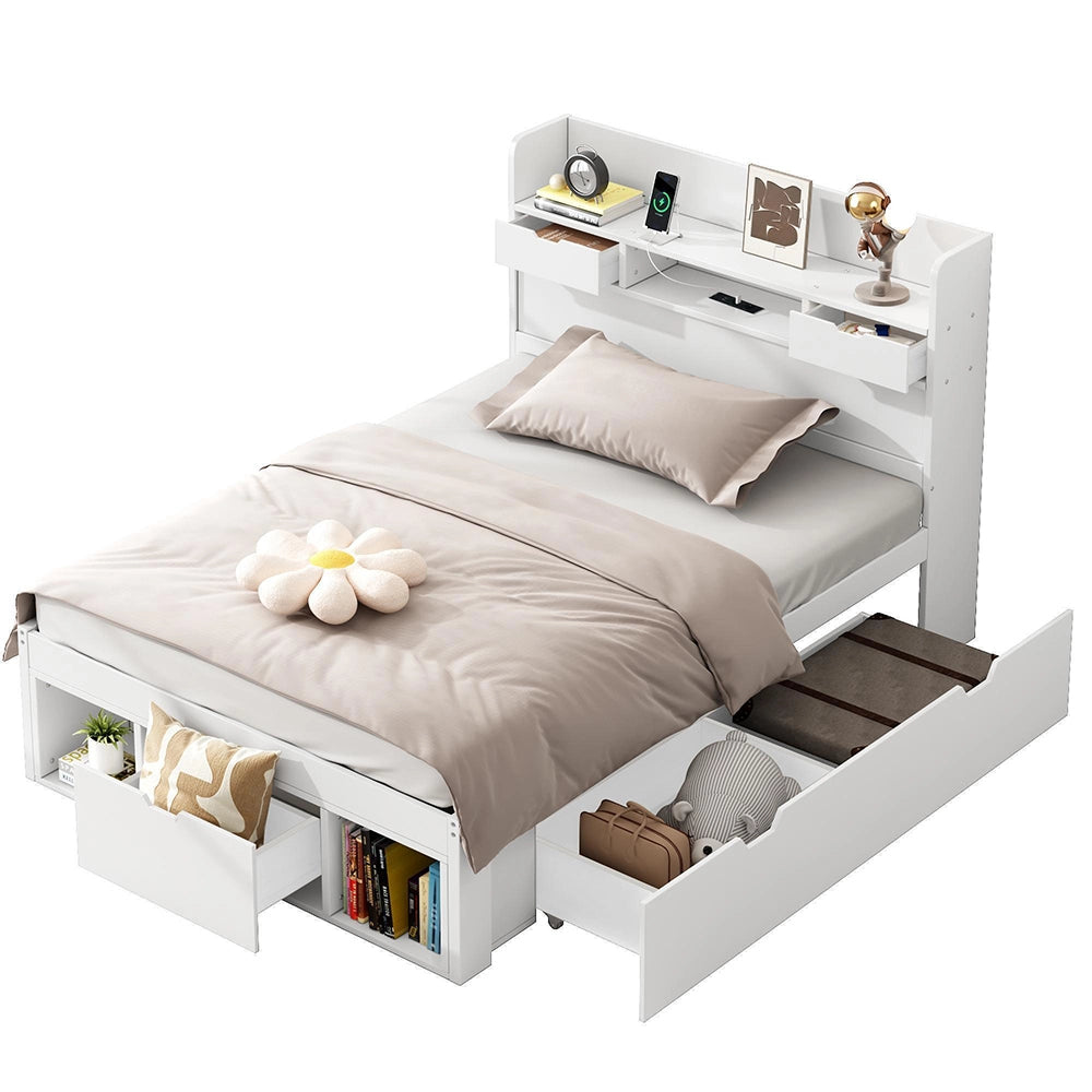 Letto singolo - Xylo - 90x190 cm - Bianco - USB, cassetto, multifunzionale