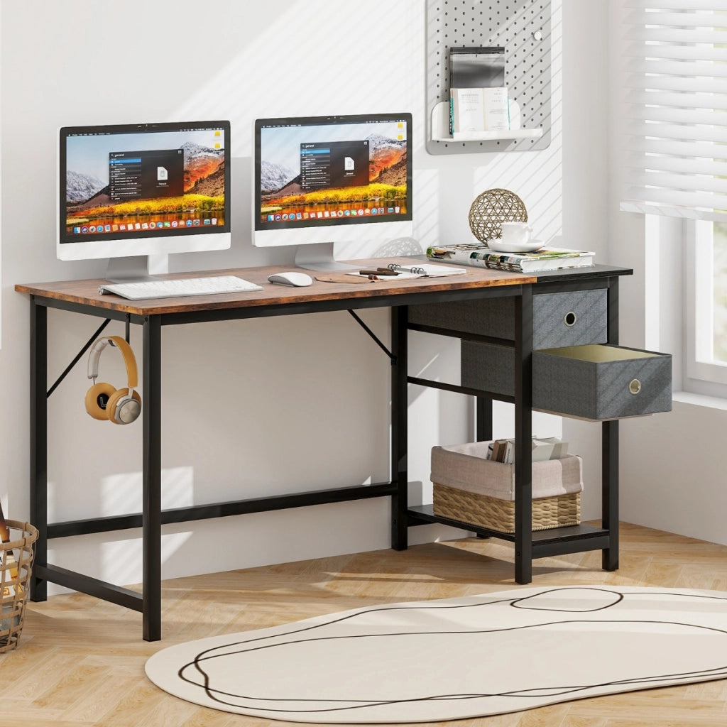 Scrivania multiuso per ufficio da 140cm, Postazione di lavoro con 2 cassetti gancio e ripiano Marrone Rustico e Nero