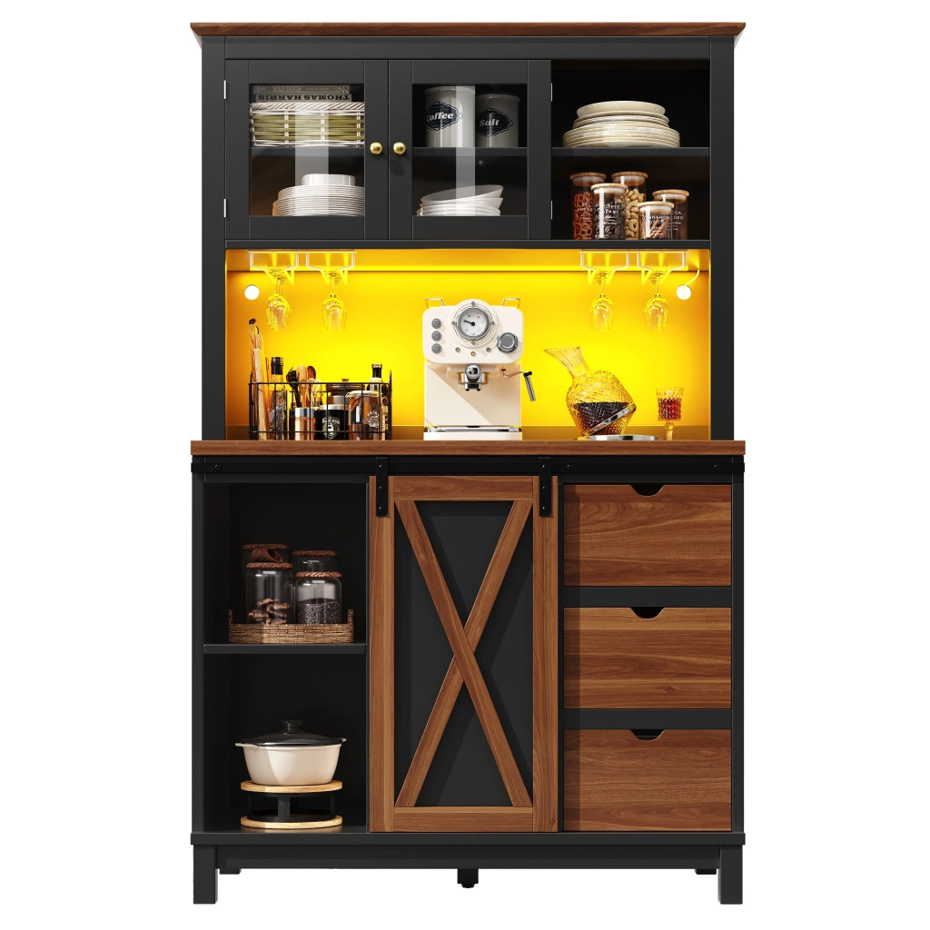 Credenza alta da cucina con 1 porta scorrevole; 1 cassetto; ripiani regolabili e LED per cucina in MDF; metallo e vetro; 104x40x180 cm; nero