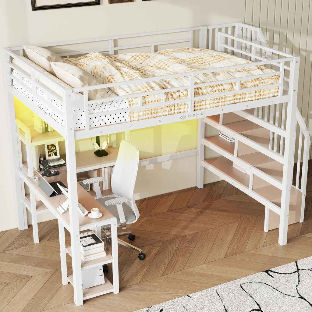 Letto a Soppalco con Scrivania, LED e USB ¨C MINIMAL ¨C Metallo Bianco 140x200
