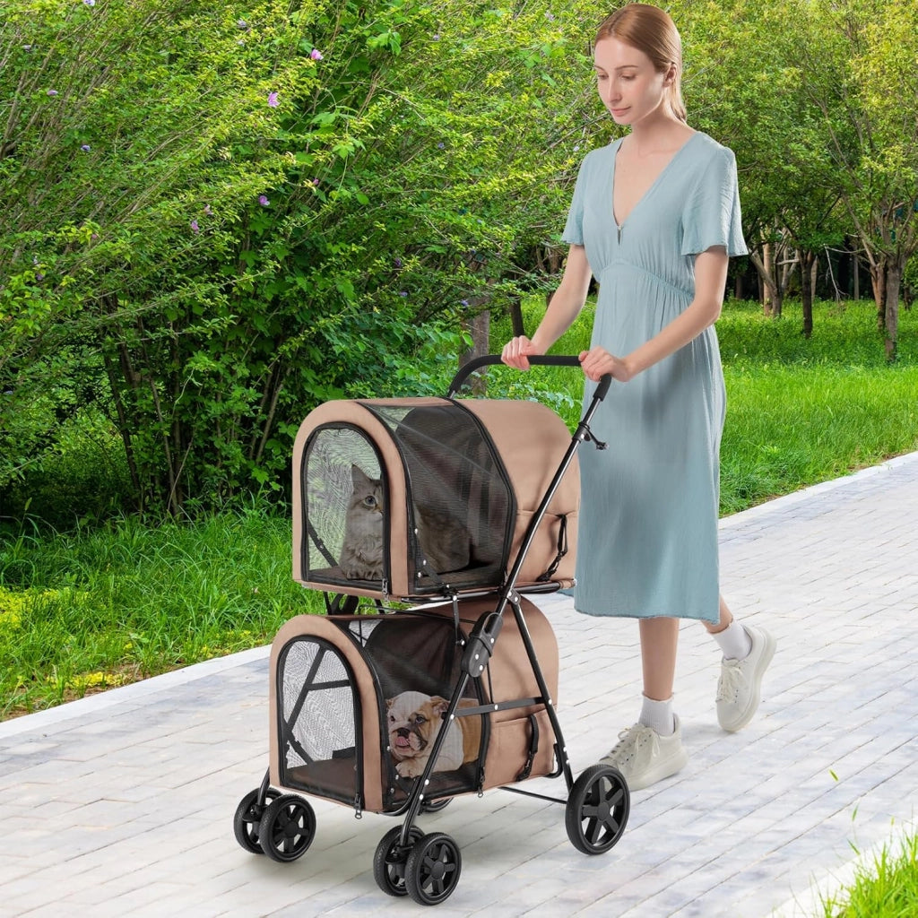 Passeggino per Cani Pieghevole, Carrozzina per Cani Multifunzionale 4 in 1 a Doppio Livello, Passeggino Smontabile con Ruote, Ideale per Passeggiata Viaggio e Shopping (Beige)