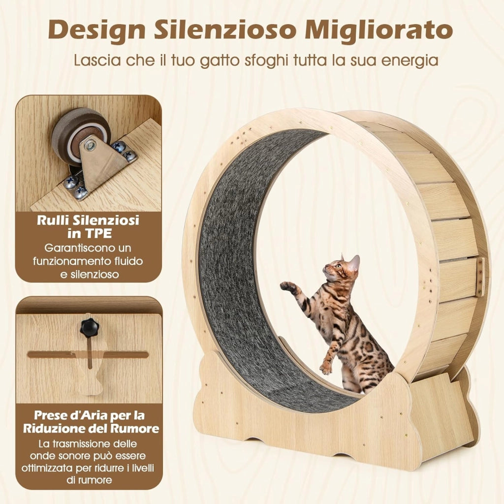 Ruota per Esercizio per Gatti da Interno 101 cm, Tapis Roulant per Gatti con Meccanismo di Blocco, Corsa con Moquette Rimovibile, Ruota di Allenamento in Legno a Rumore Ultra Basso