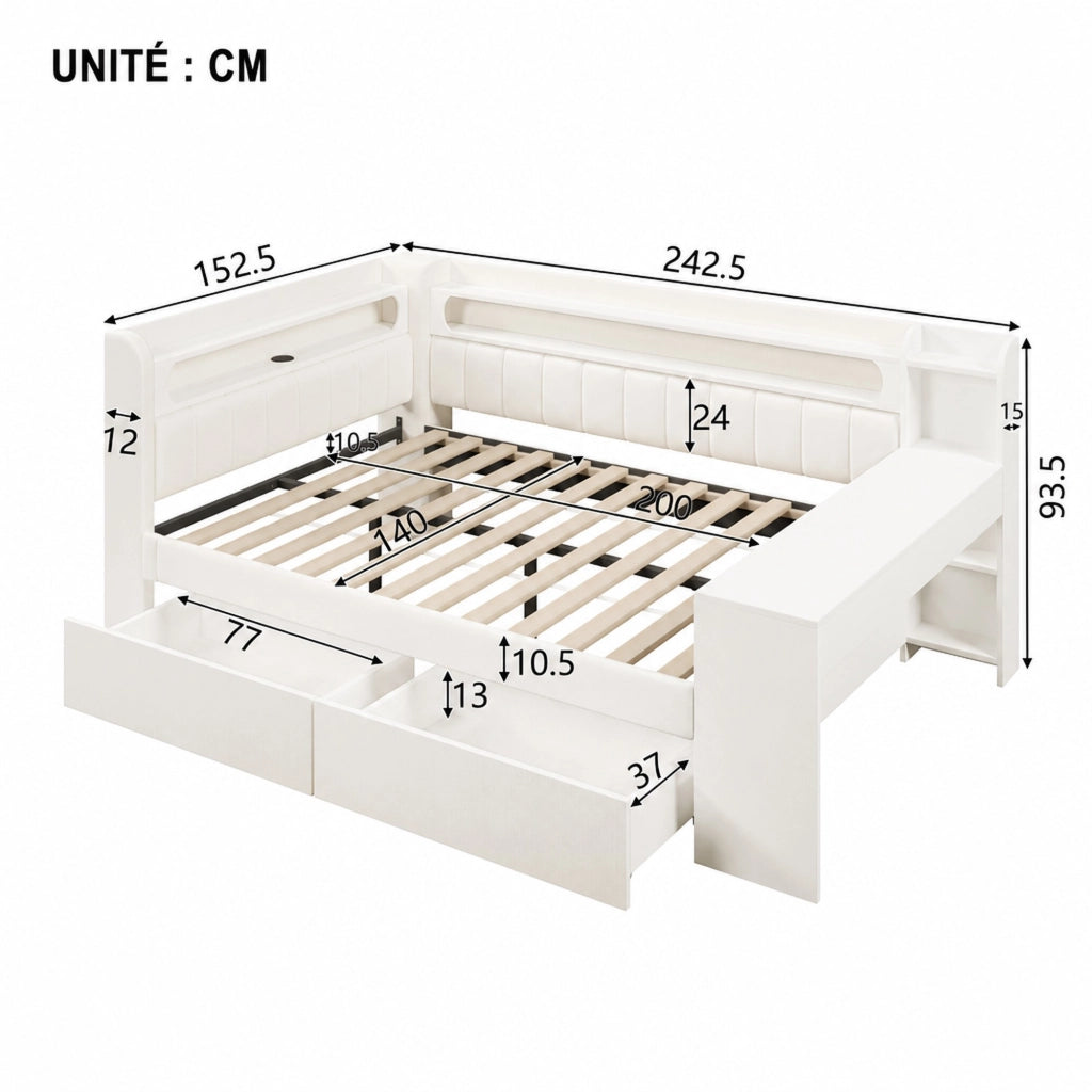 Letto a giorno con LED, porte USB, scrivania e 2 cassetti in MDF, compensato e tessuto bianco 140 × 200 cm