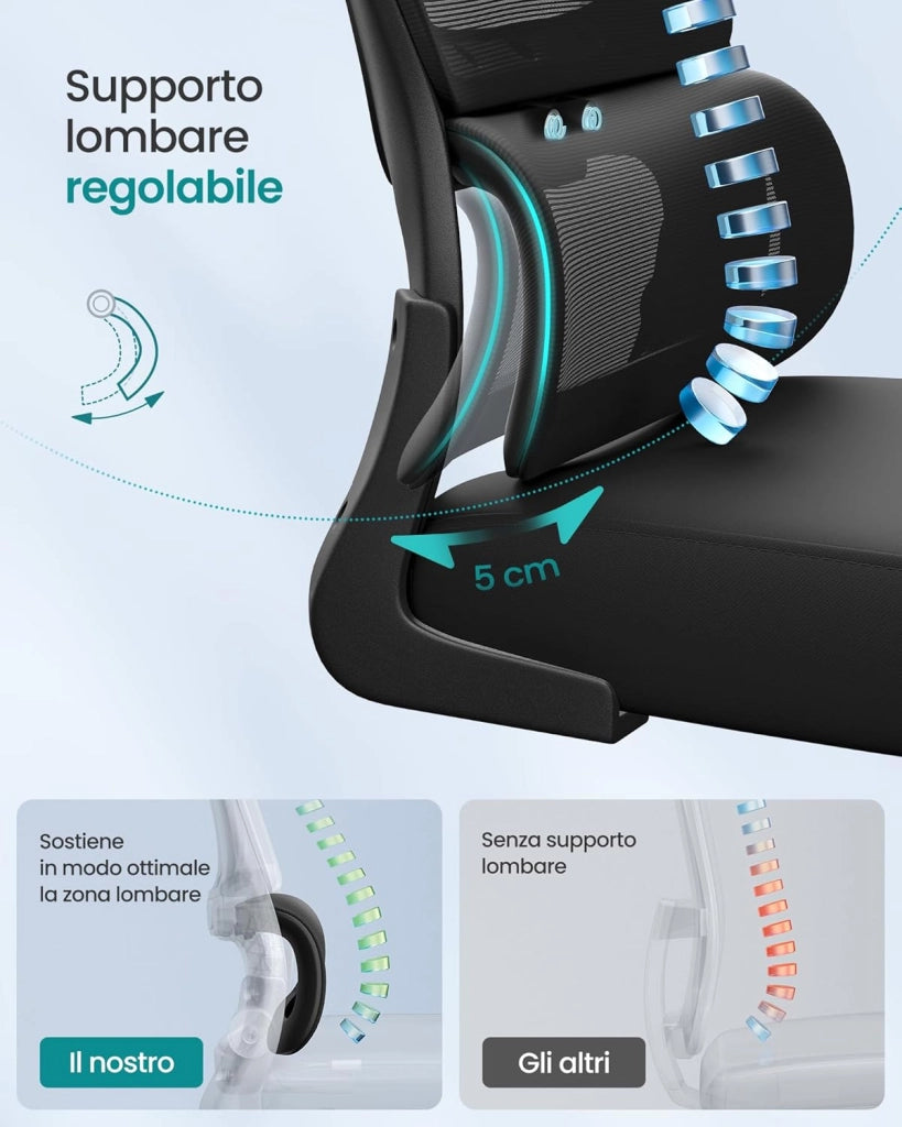 SONGMICS Sedia Ergonomica da Ufficio, Sedia Computer, Tessuto Rete a Doppio Strato, Braccioli Sollevabili, Supporto Lombare Adattabile, Poggiatesta Regolabile, per Studio, Nero Inchiostro OBN041B01