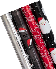Pacco di carta decorativa per Natale - Santa/Banchi di neve/Frangia natalizia/Cappelli natalizi con design "Ho Ho Ho" e finitura metallizzata - 76CMx3.05M per rotolo