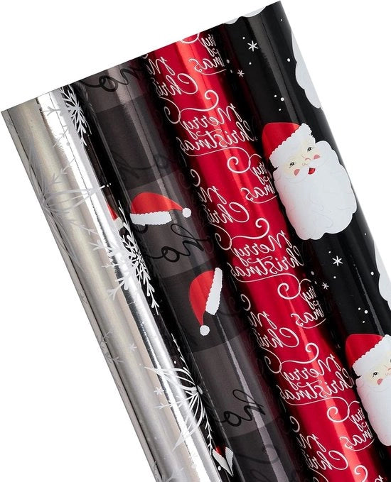 Pacco di carta decorativa per Natale - Santa/Banchi di neve/Frangia natalizia/Cappelli natalizi con design "Ho Ho Ho" e finitura metallizzata - 76CMx3.05M per rotolo