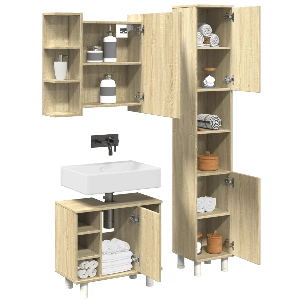 Set Mobili da Bagno | Armadio da bagno 3 pz Rovere Sonoma in Legno Multistrato