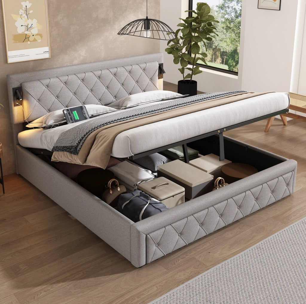Letto matrimoniale imbottito con contenitore, LED e USB, struttura con rete in legno