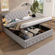 Letto matrimoniale imbottito con contenitore, LED e USB, struttura con rete in legno