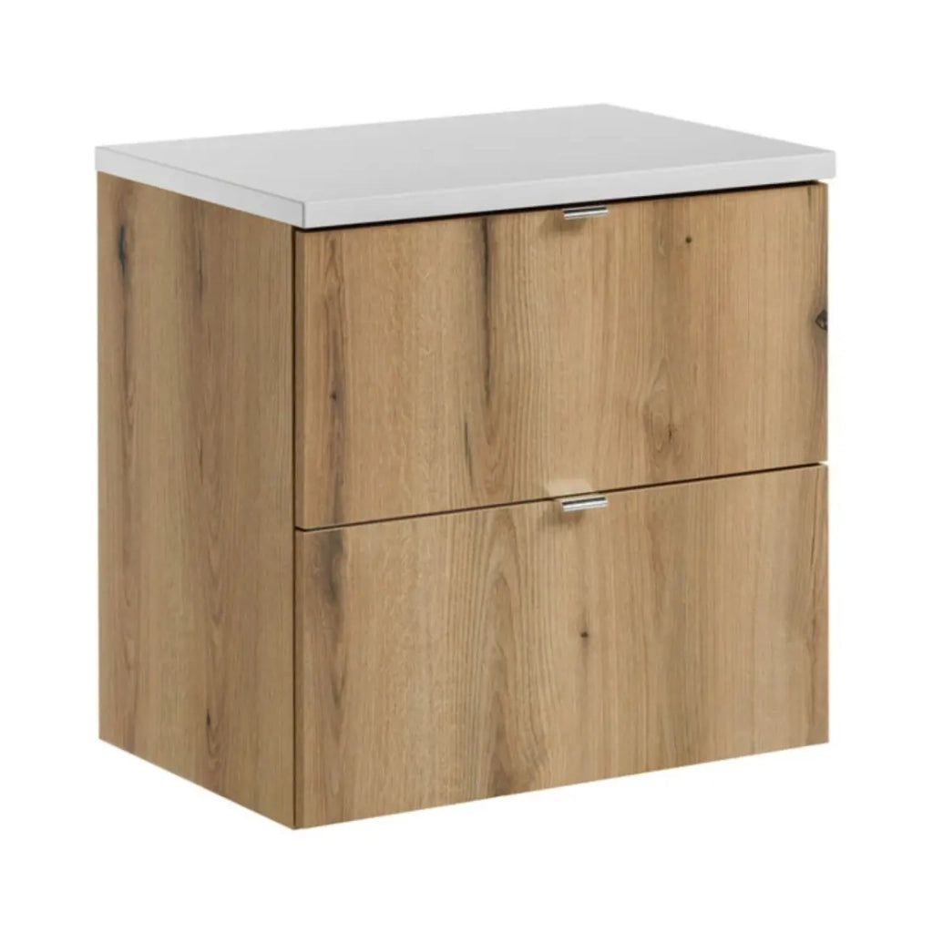 Set da bagno sospeso VANO effetto quercia e bianco 60cm: mobile sotto lavabo con cassetti + piano per lavabo