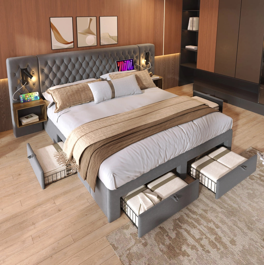 Letto matrimoniale 180x200 cm in velluto grigio con 2 comodini; 4 cassetti e luce lettura