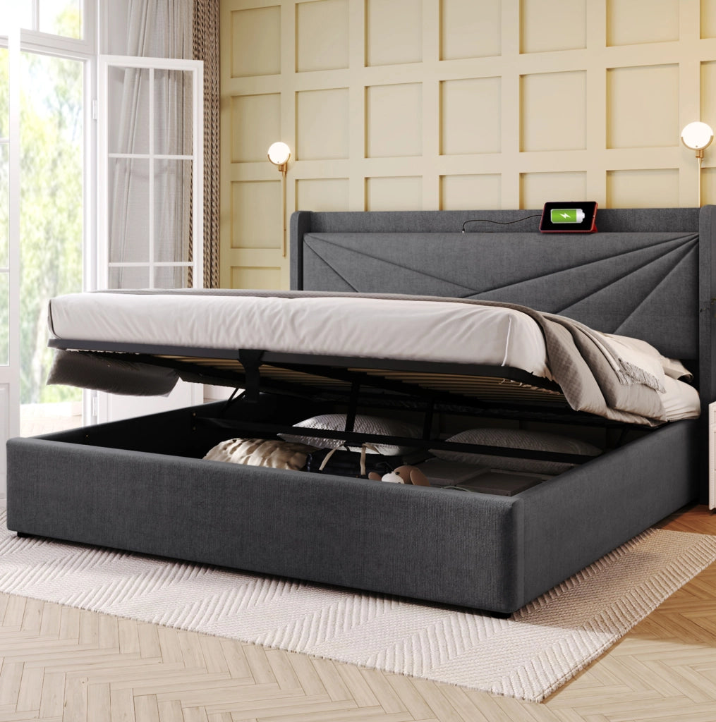 Letto matrimoniale contenitore 140x200 cm con USB e USB-C; cotone e lino; grigio