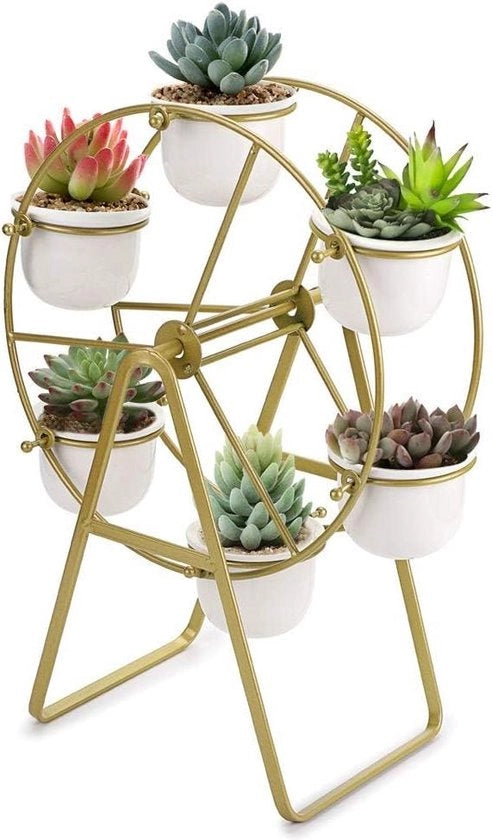 Supporto per piante per succulente con piedistallo in ceramica, display per grandi piante, supporto per fiori miniatura con vaso d'oro.