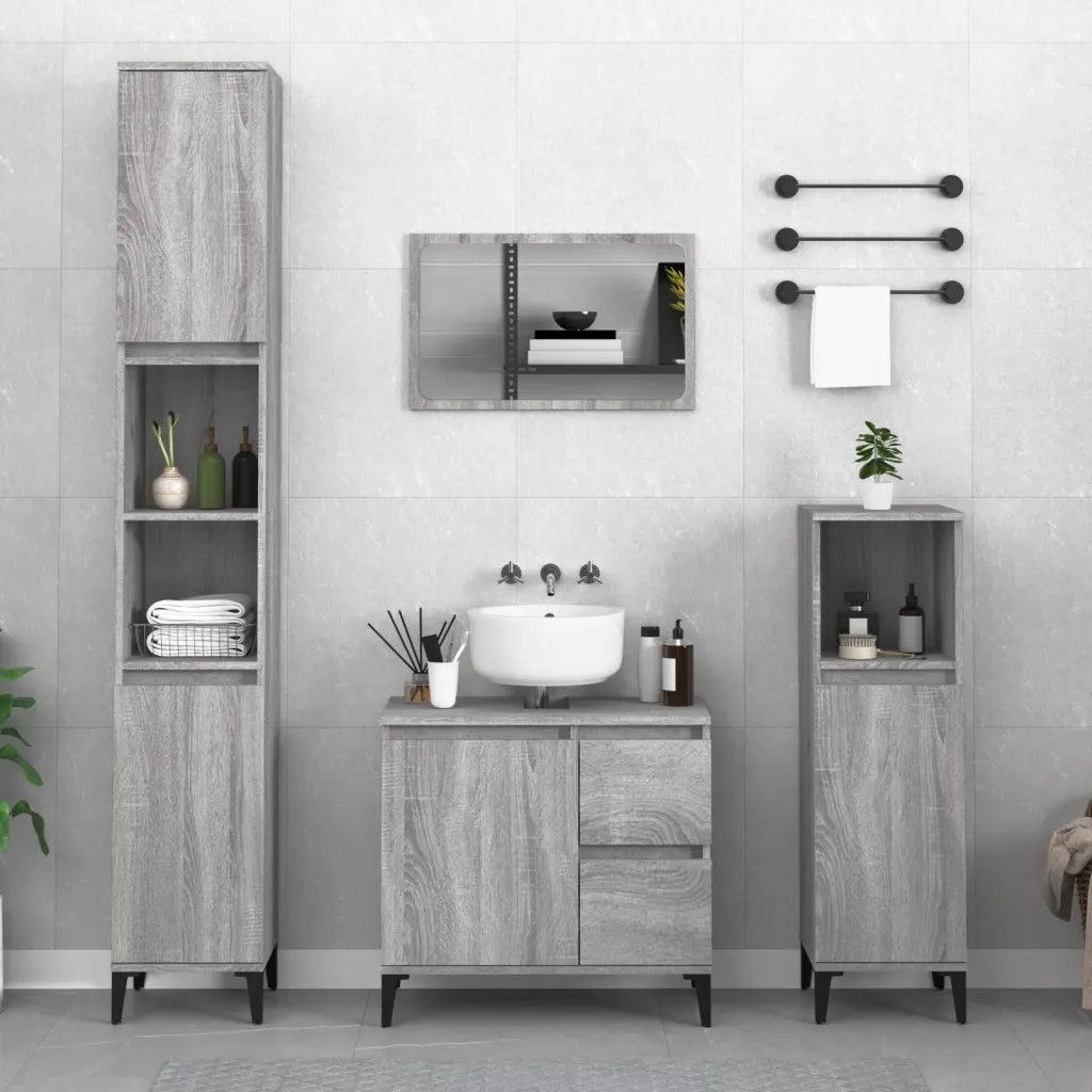 Set Mobili da Bagno | Armadio da bagno 3 pz Grigio Sonoma in Legno Multistrato