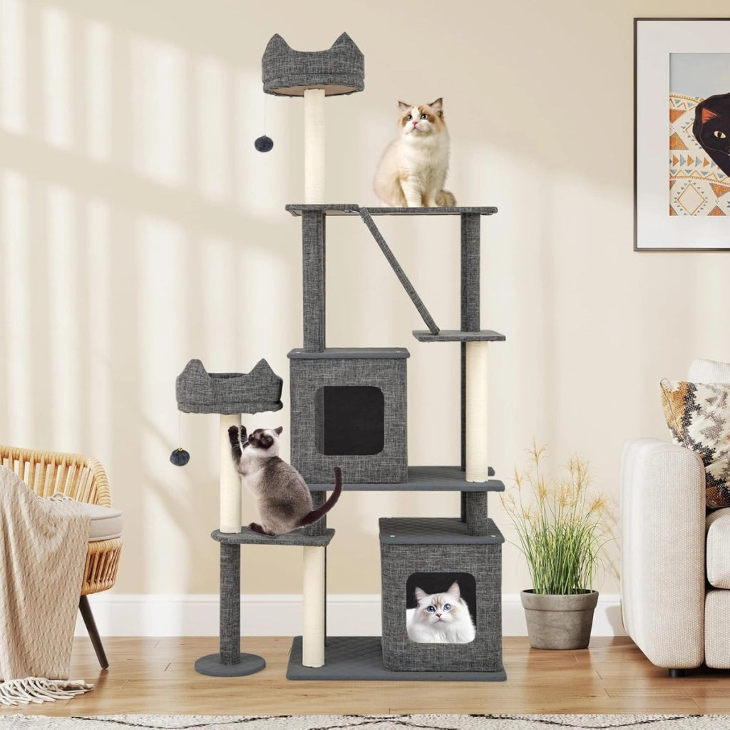 180 cm albero per gatti con torre multi-livello e posti per grattare, Mobili con 2 condomini rimovibili e palle pendenti
