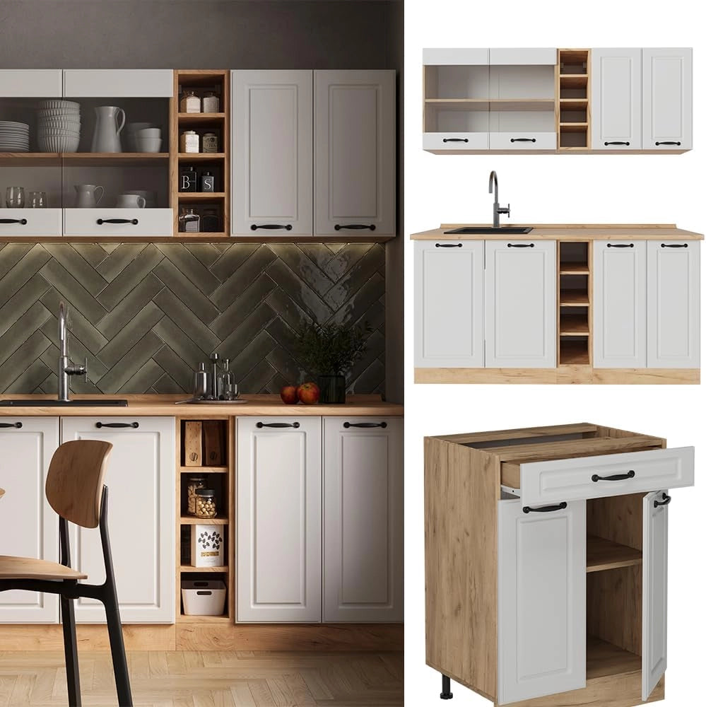 Cucina completa R-Line, Casa di campagna bianca/quercia dorata, 160 cm, PL Antracite, adatto per combinazioni ed espansioni personalizzate