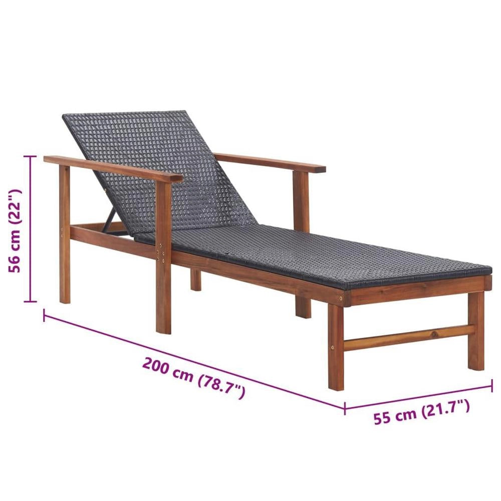 Sun Lounger Made Of Poly Rattan And Solid Acacia Wood, Black