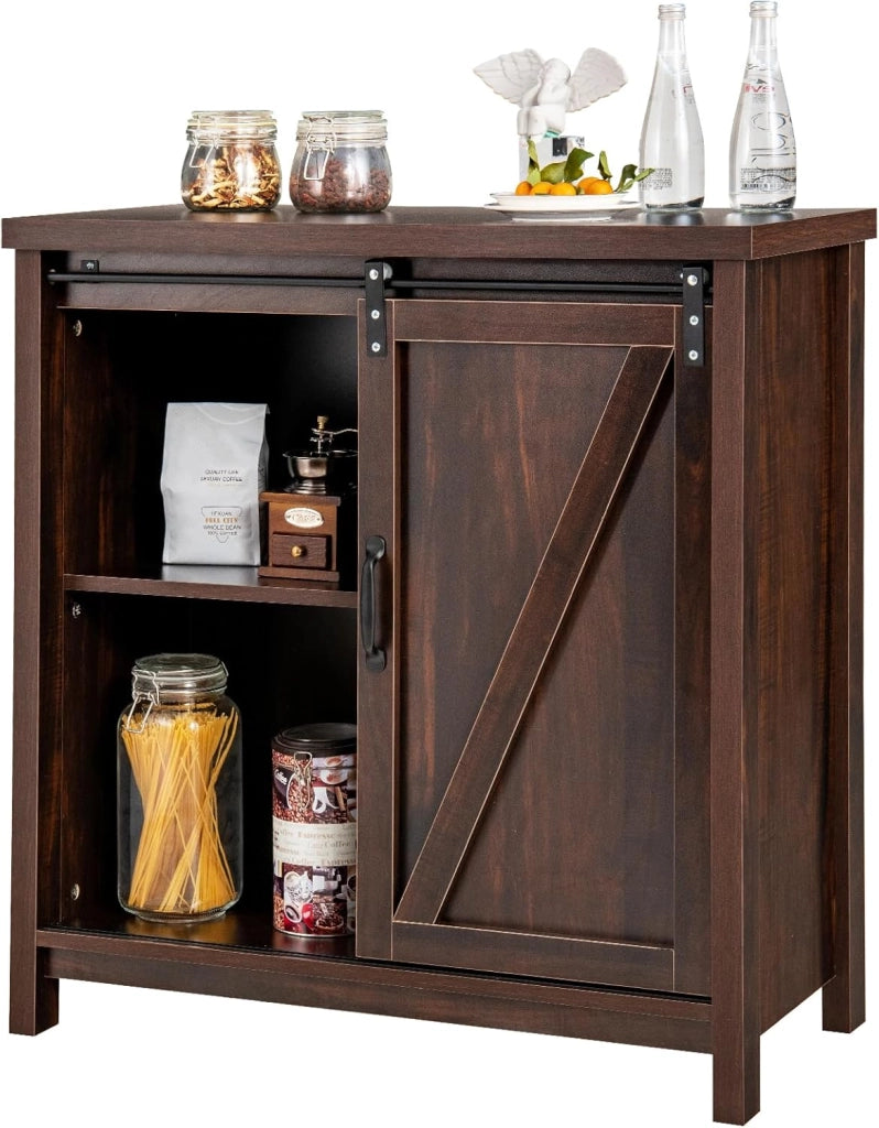Mobile Laterale Divano con Piano Superiore Ampio e 4 Scomparti, Porta Scorrevole, 4 Piedini Antiscivolo, Credenza Elegante per Cucina, Ingresso, Camera da Letto, Marrone