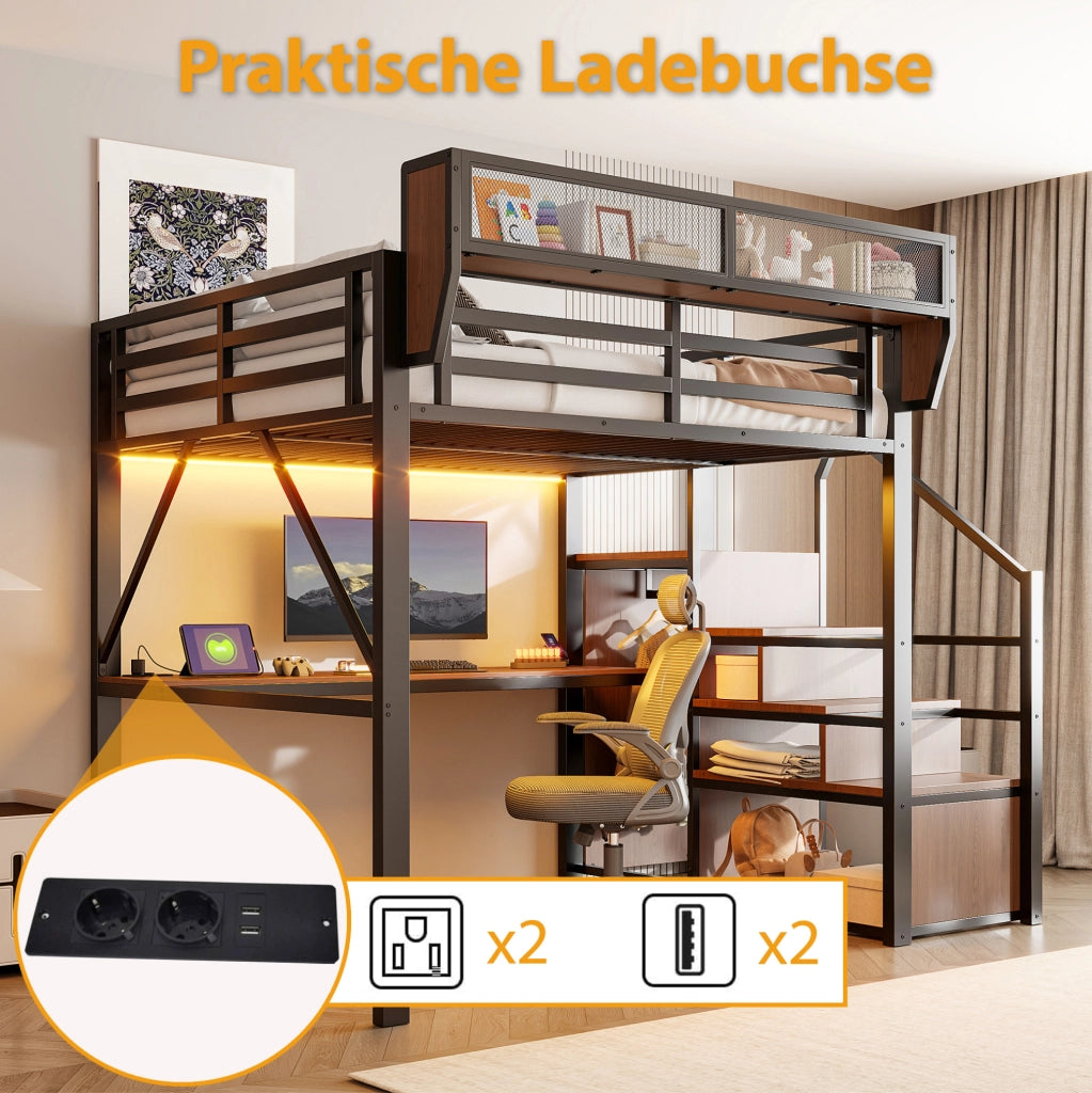 Letto a soppalco 140x200 cm con scrivania, LED e scaffale