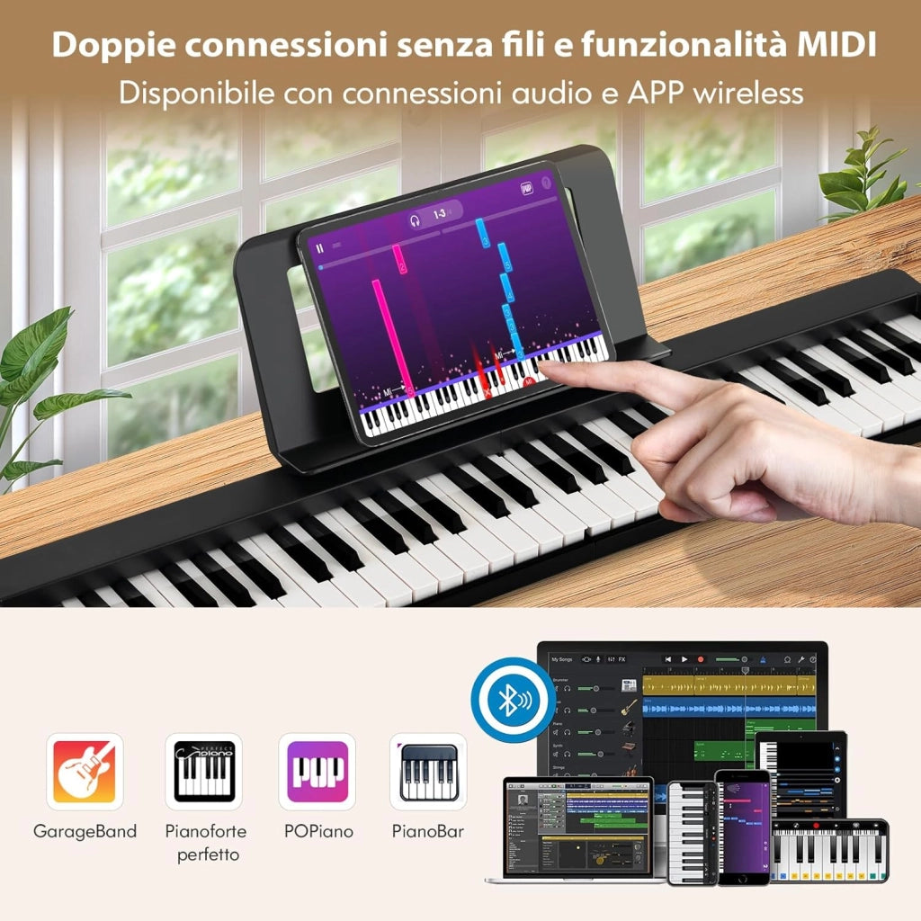 Pianoforte Digitale Pieghevole 61 Tasti, Tastiera Elettronica Portatile, con Tasti a Grandezza Standard Leggio Pedale Sustain MIDI Bluetooth e Borsa, per Principianti Bambini Adulti, Nero