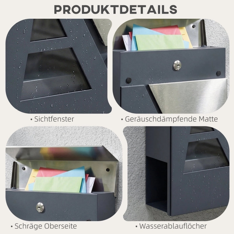 Cassetta postale da parete resistente alle intemperie con portagiornali e 2 chiavi, per pareti esterne, grigio scuro.