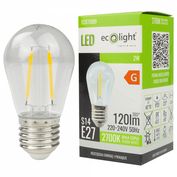 Lampadina LED filament S14 E27 2W 2700K 120lm Ecolight