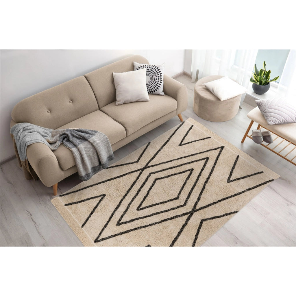 Tappeto in cotone Mylen con motivo a rombi crema e nero