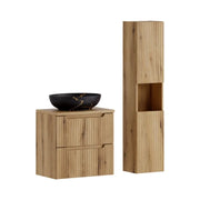 Insieme VANO rovere chiaro 90cm: mobile sottolavabo con cassetti + piano per lavabo + lavabo da appoggio nero marmorizzato + colonna