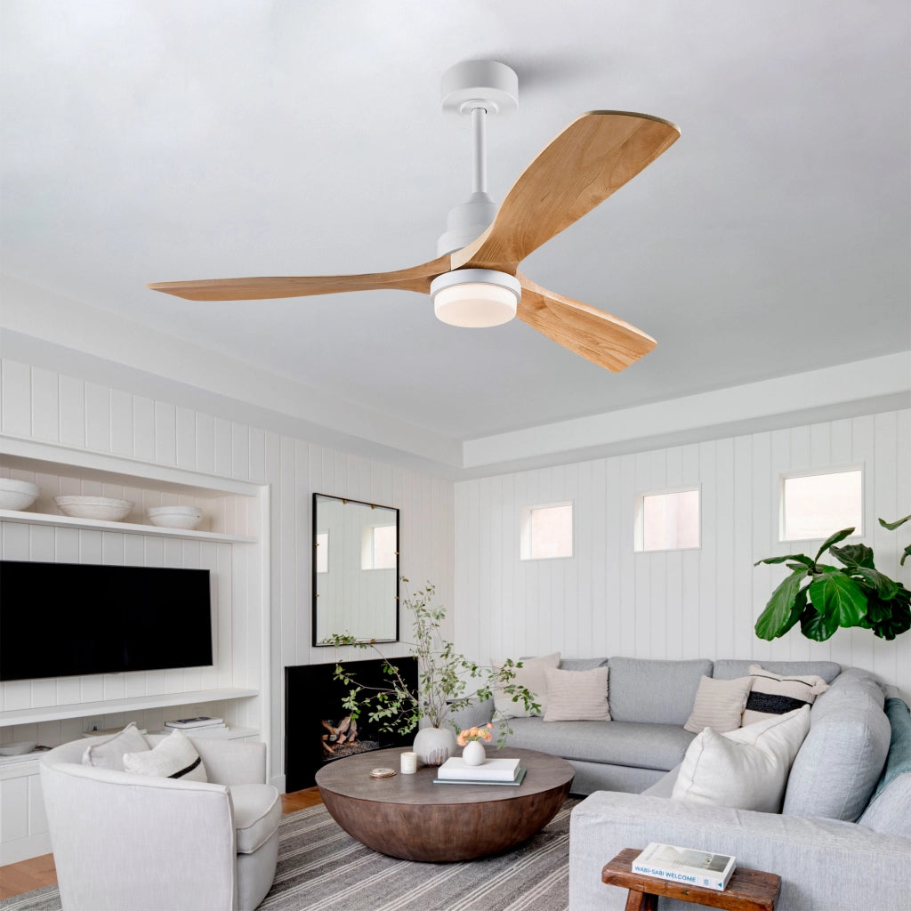 Ventilatore da soffitto 52 pollici con luce, telecomando, funzione dimmer, pale legno massello, risparmio energetico, motore DC silenzioso