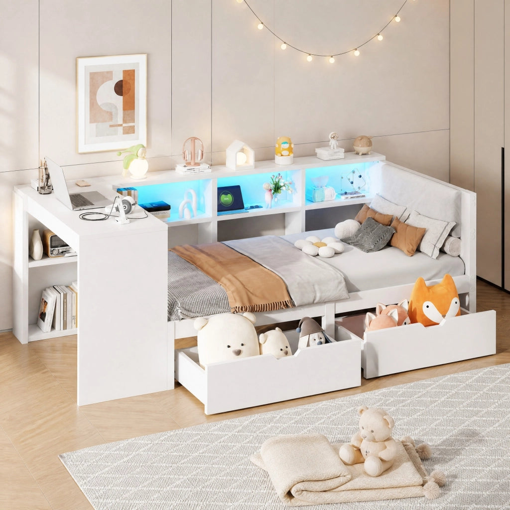 LETTO a piattaforma 90x200 cm bianco con testiera imbottita, ripiani, cassetti, USB e LED