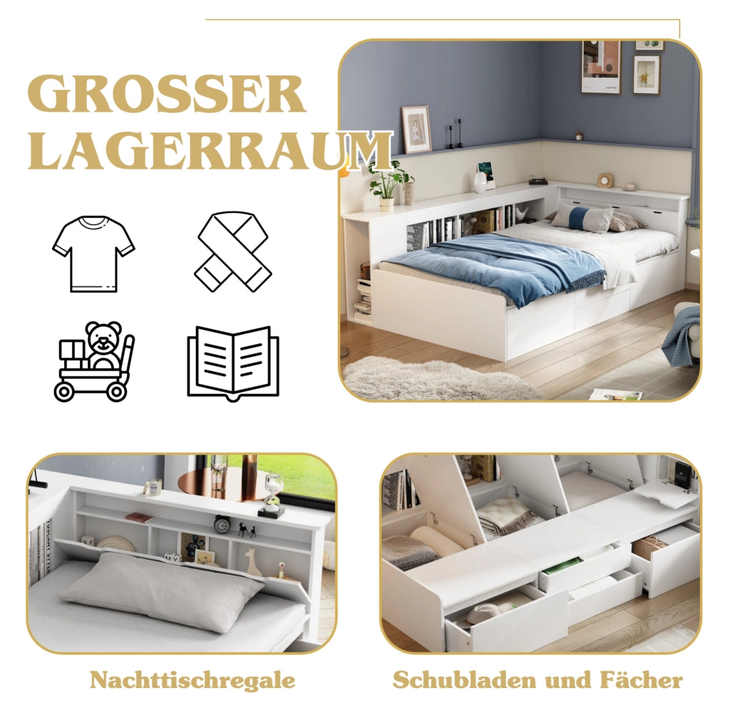 Letto per bambini 90x200 cm in MDF con 4 cassetti; librerie e spazio contenitore; bianco