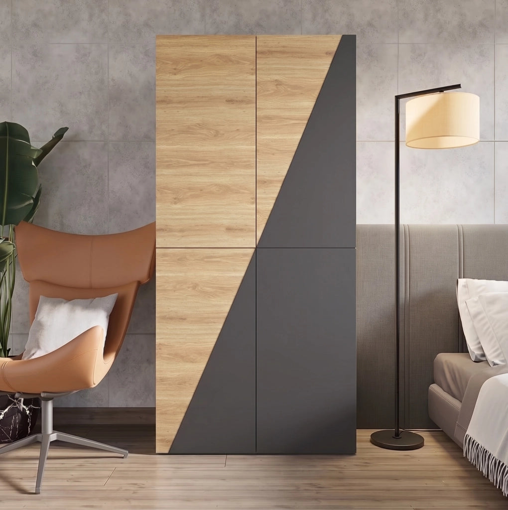 Armadio con ante battenti 90x50x200 cm con bastone appendiabiti, portascarpe, 2 cassetti e scatola contenitore, design moderno legno e grigio