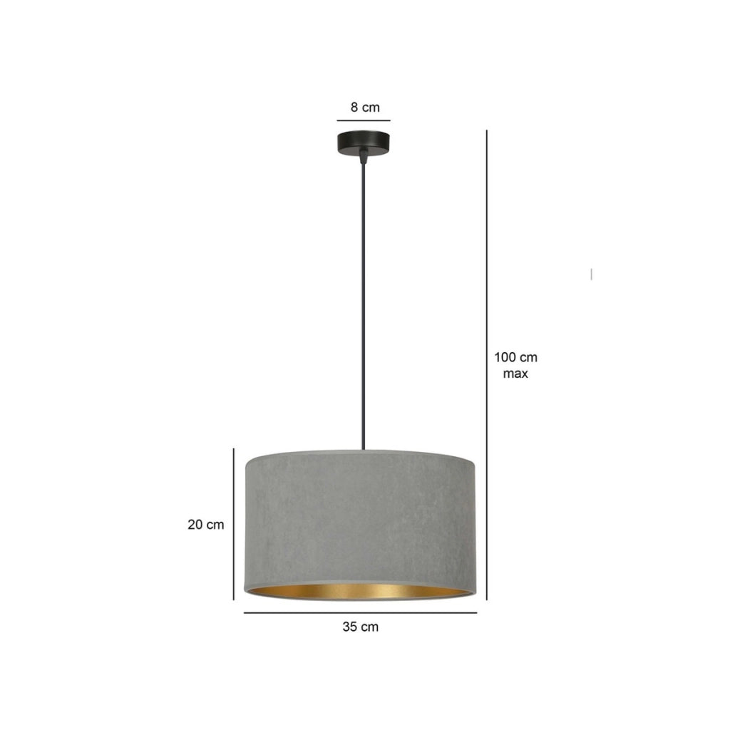 Lampada a sospensione Hilde con paralume in velluto grigio e interno oro