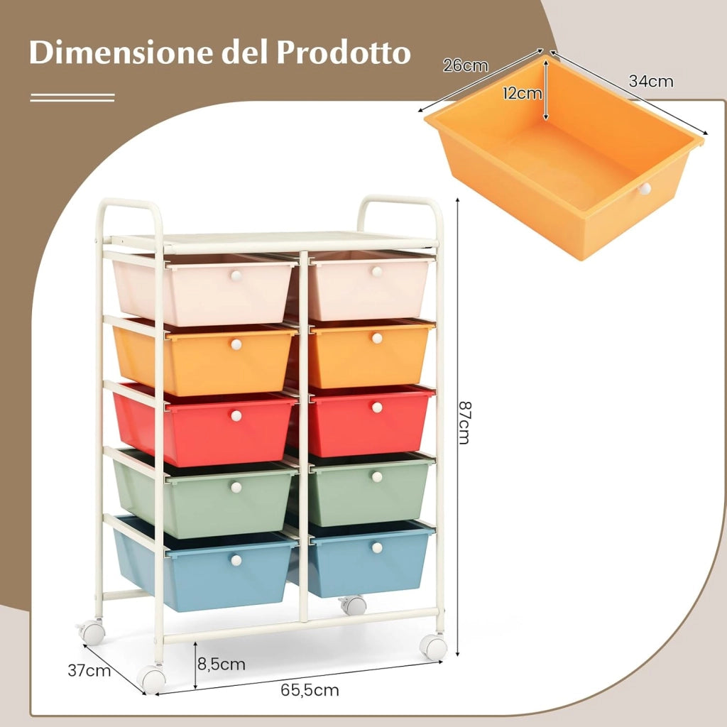Carrello a 10 Cassetti con Ruote, di Stoccaggio con Stabilità Elevata, Multiuso per Casa Ufficio e Scuola, 65,5 x 37 x 87 cm (Bianco)