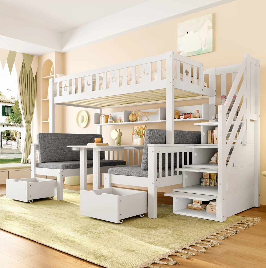 Letto a soppalco multifunzionale 90x200 cm con scrivania pieghevole e scala contenitore