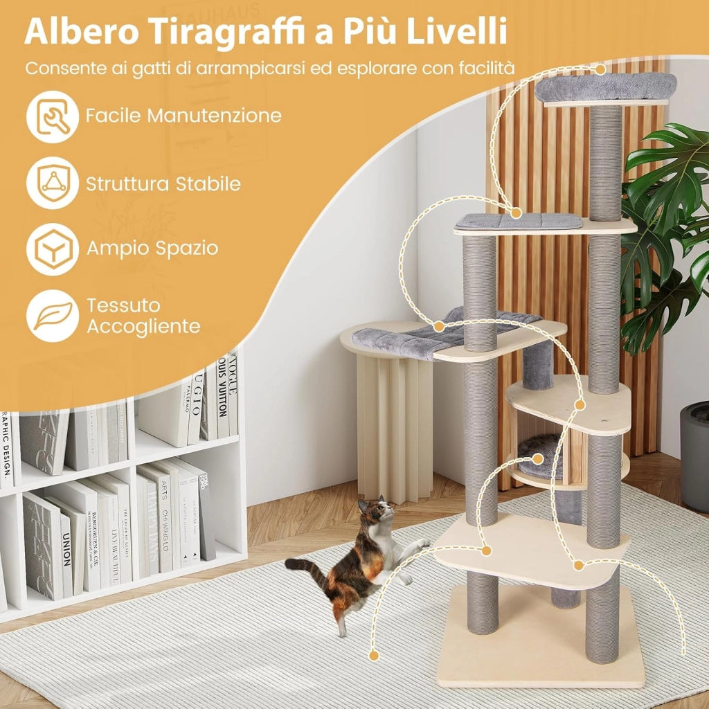 Albero per Gatti Alto 197 cm, Tiragraffi per Gatti con Comodo Trespolo Imbottito Superiore, Condominio Privato per Gatti, Materassini Staccabili, Pali per Graffiare e Amaca Confortevole