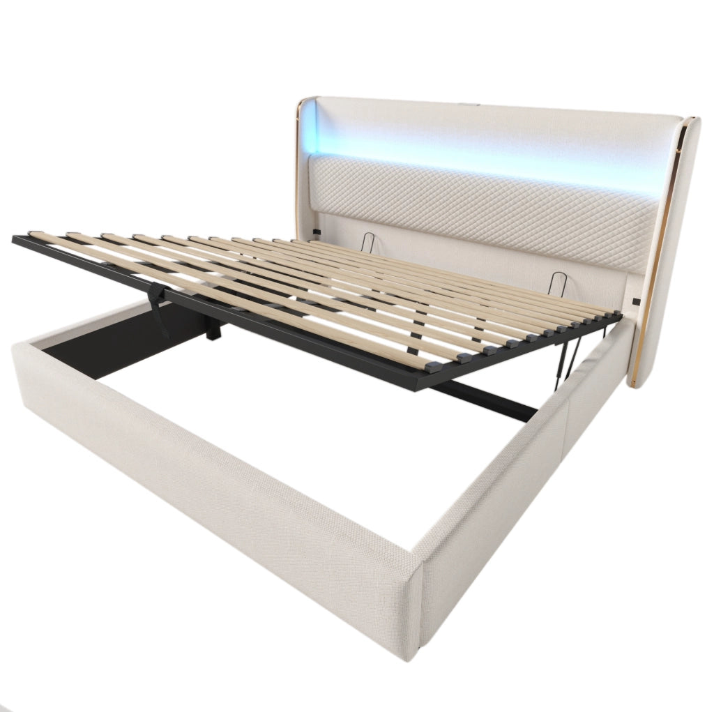 Letto contenitore 180x200 cm con LED e ricarica USB e Type C in lino beige