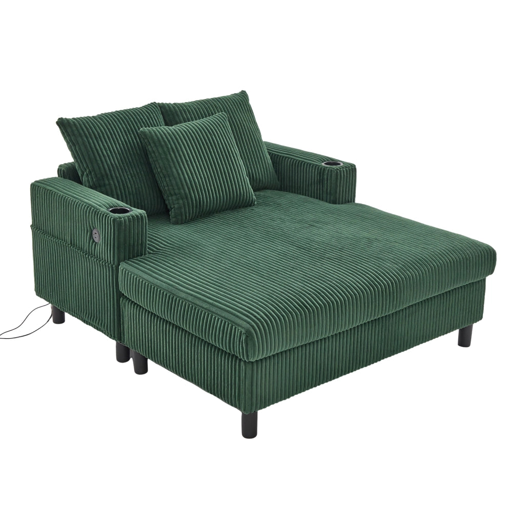 OKWISH Chaise Longue con USB, LED e Portabicchieri, Schienale Ergonomico, Velluto a Coste Smeraldo, 142 × 128 × 85 cm