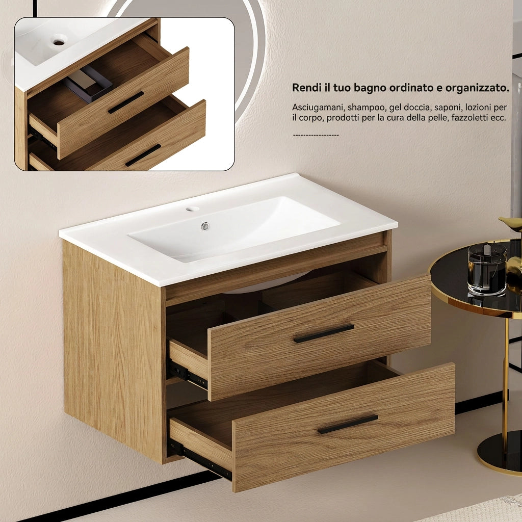 Mobile bagno con lavabo 75 cm; 2 cassetti; MDF e Ceramica; Rovere Chiaro