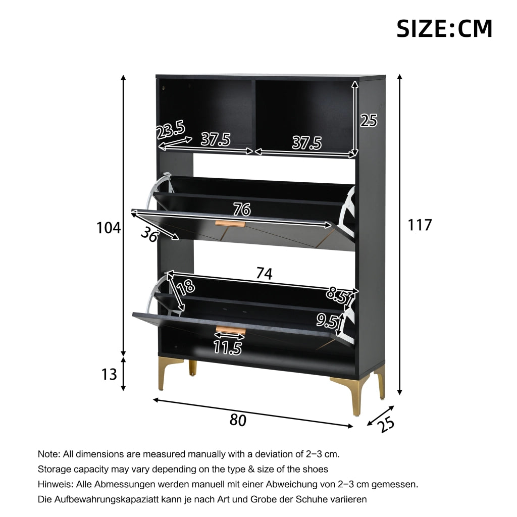 Scarpiera con 4 ante ribaltabili e 4 vani aperti, mobile ingresso con piano d'appoggio, in MDF nero, 80 × 25 × 117 cm