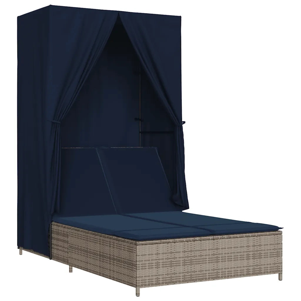 Lettino Prendisole Doppio Tetto e Tende Grigio in Polyrattan 368106