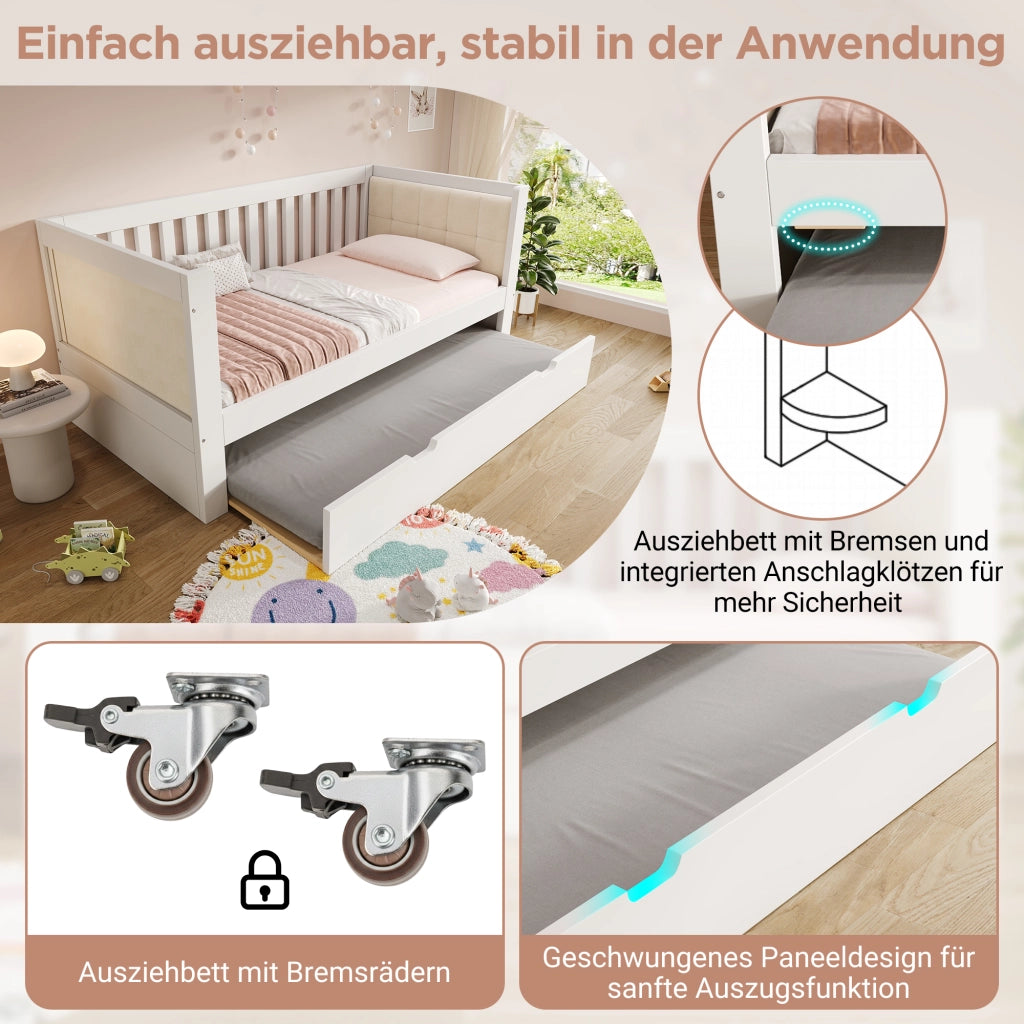 Daybed con letto estraibile 90 × 190 cm, schienale a tre lati, senza materasso, in legno, bianco