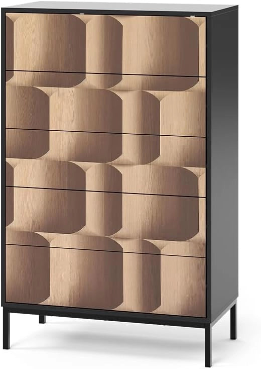 Cassettiera Eliza, Nero/quercia, 76 x 120 cm con 5 cassetti, per conservazione e utilizzo in camera da letto o corridoio