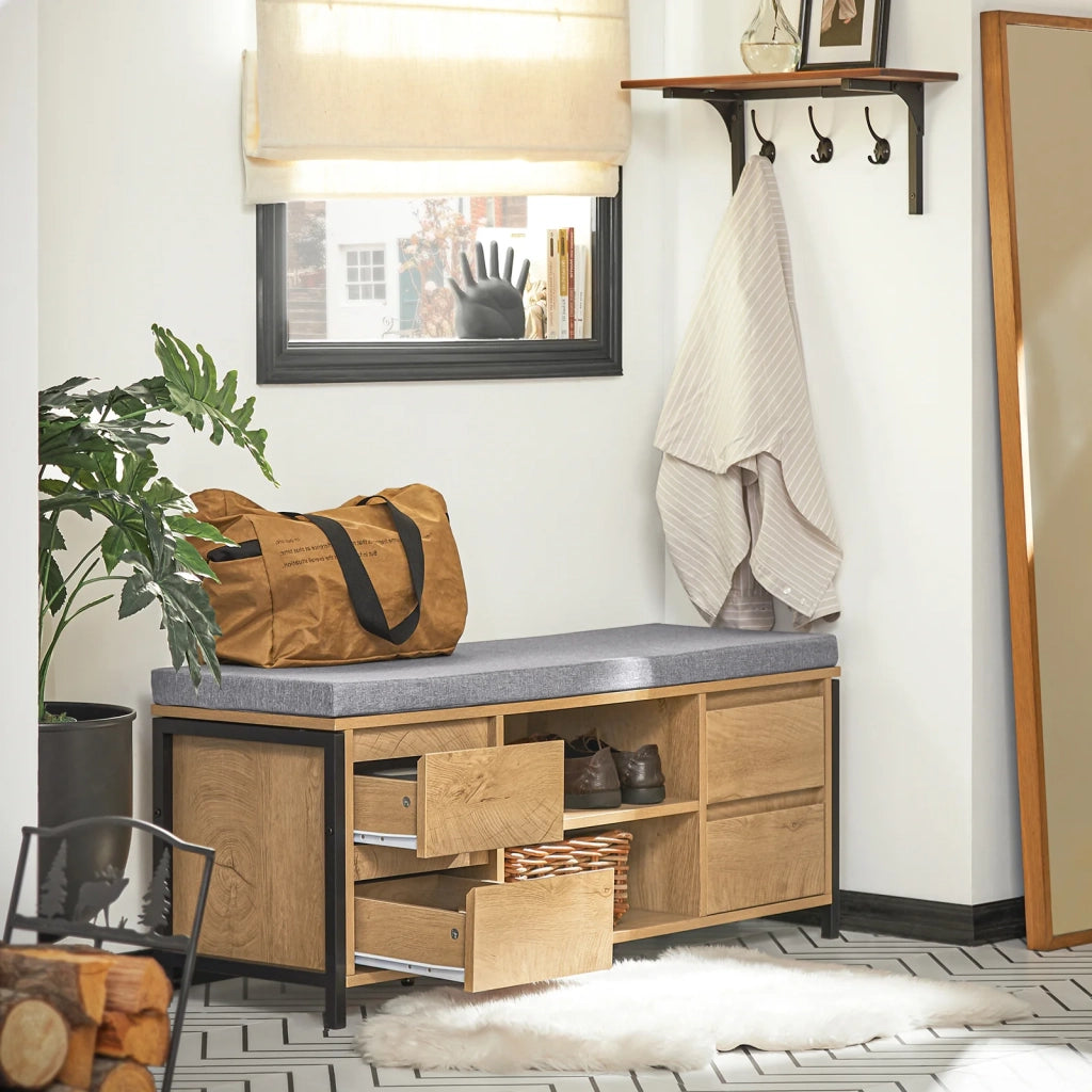 Scarpiera Con 4 Cassetti Panca Con Vano Portaoggetti Panca Ingresso Scarpiera Con Sedile Nero E Naturale 110x35x45cm FSR149-N SoBuy