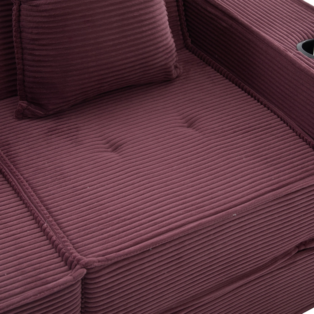 Pouf divano 2 posti in velluto a coste, colore wine red, con 2 cuscini e tasche laterali