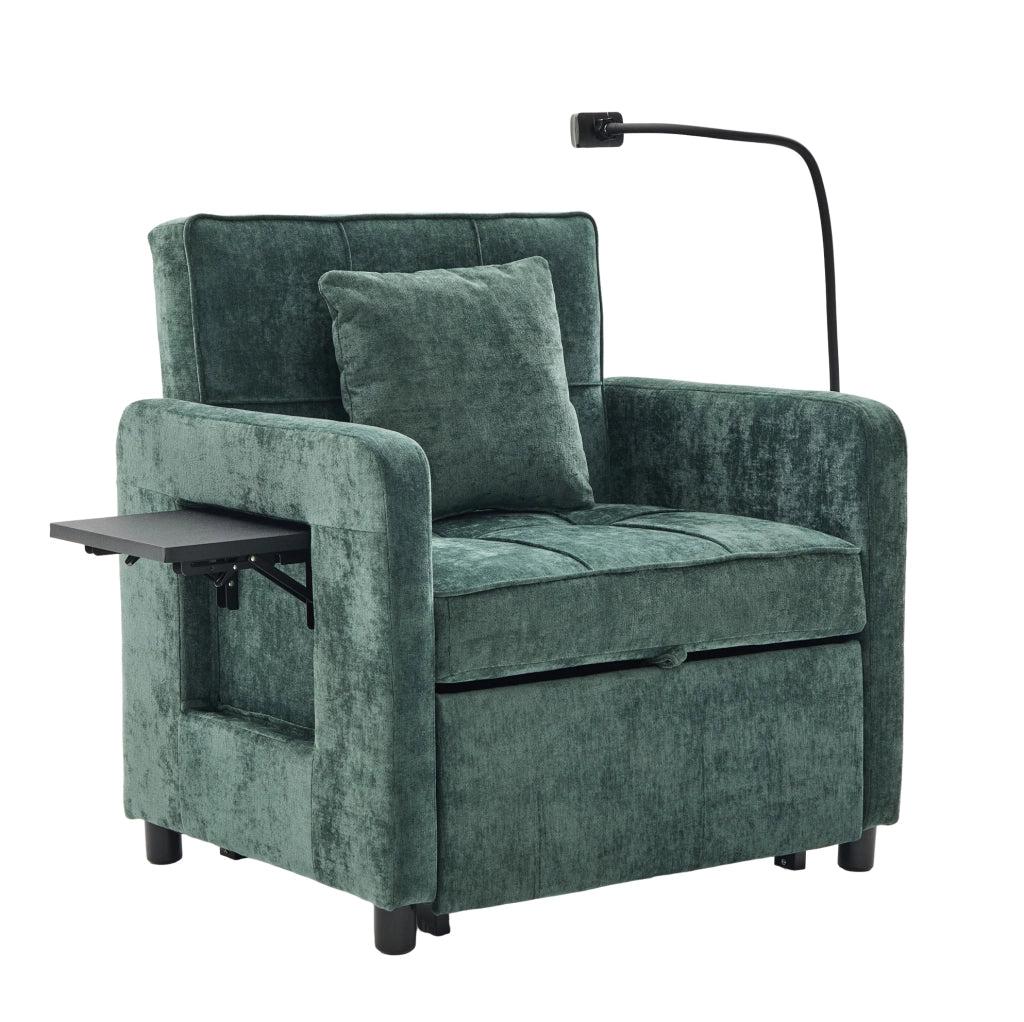 Poltrona letto 2 in 1 convertibile in chenille verde; 167 x 79 x 83 cm; con poggia-braccio