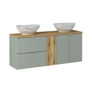 Set ELVINA 140cm: mobili sotto lavabo con cassetti e armadietti + piano per lavabo + due lavabi da appoggio marmorizzati