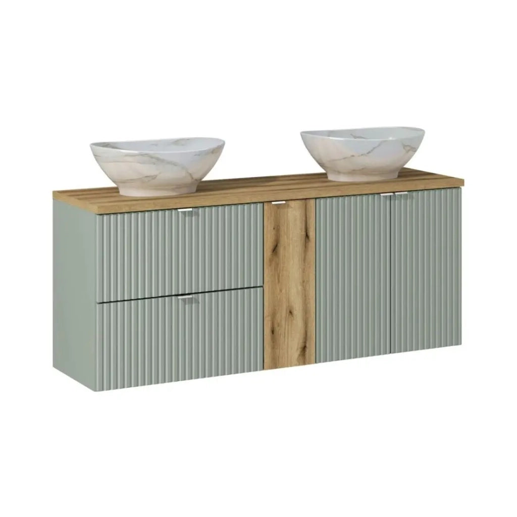 Set ELVINA 140cm: mobili sotto lavabo con cassetti e armadietti + piano per lavabo + due lavabi da appoggio marmorizzati