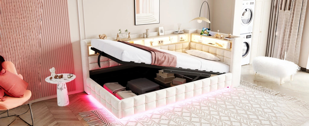 Letto divano 90 × 200 cm con contenitore idraulico, ripiani in legno, LED, USB e Type-C, senza materasso, beige